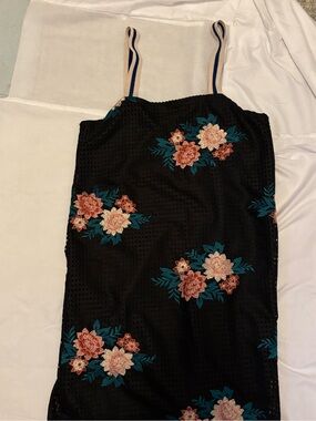 Zara Black Midi Dress with Pink Floral Embroidery
